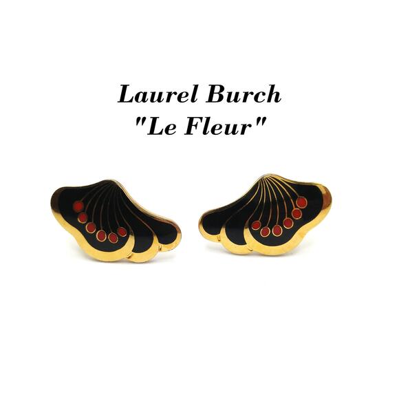 Laurel Burch "Le Fleur" Clip Earrings, Black Red Enamel, Gold Plated, 1980s - Picture 1 of 10